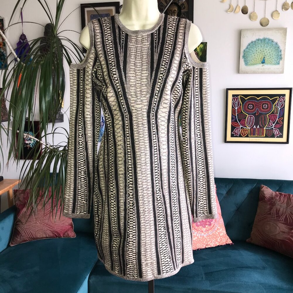 BEBE size M Metallic Earth Tones Boat Neck Cold Shoulder Sweater Dress NWT